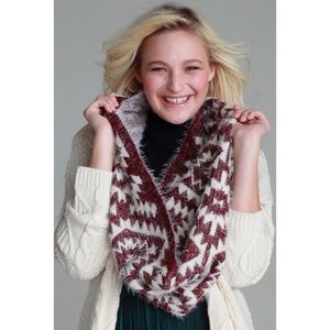 Navajo Pattern Fuzzy Scarf in Burgundy